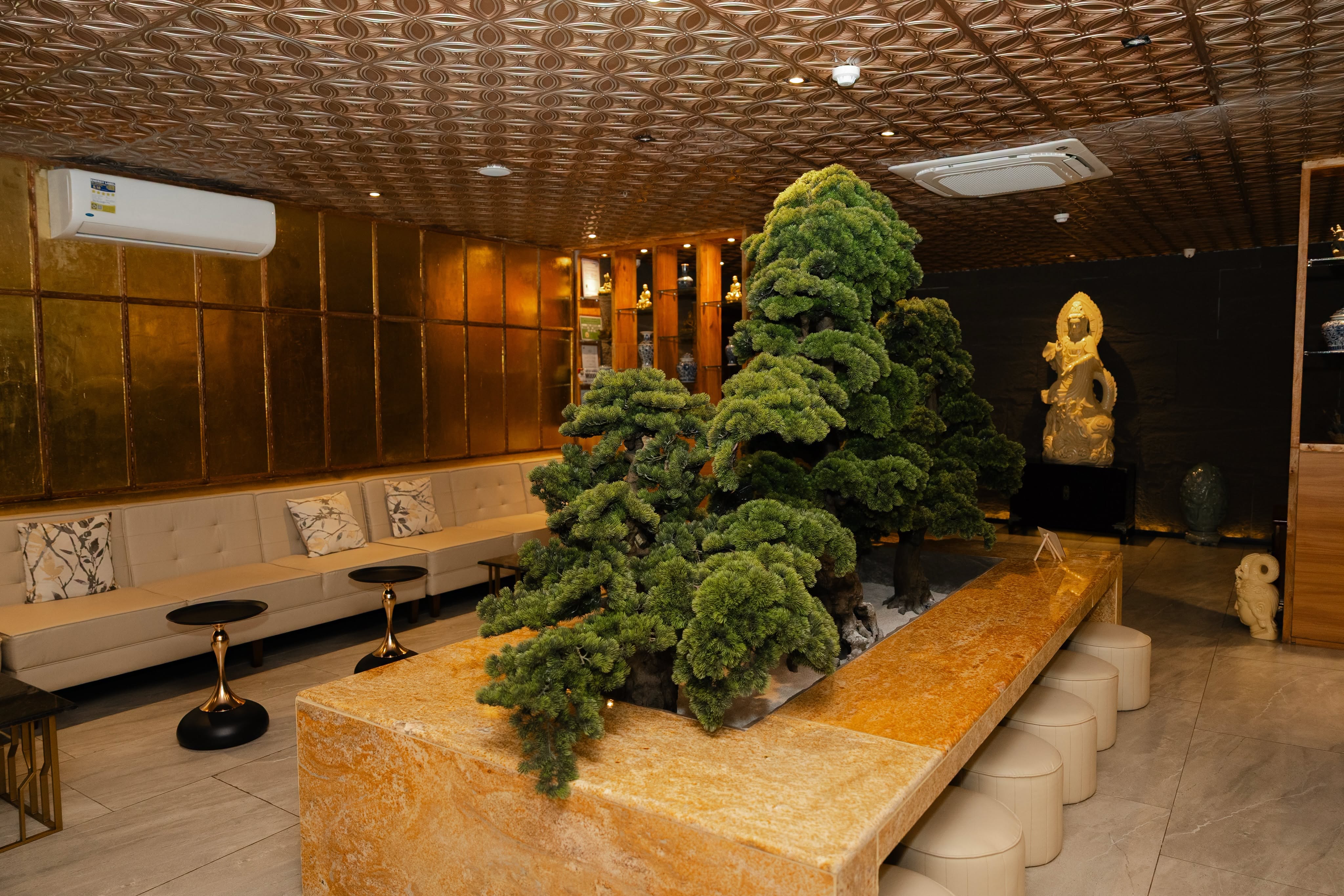 Warm wood interiors and a sculptural bonsai centerpiece at Sage Health Spa Oakridge